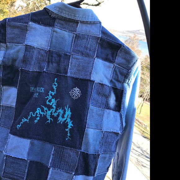 Table Rock Lake Map Patchwork Denim Jacket, Men M: Upcycled Handmade Distressed - Picture 9 of 10